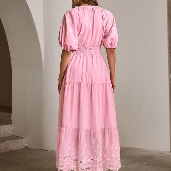 Pink Casual Women's Embroidered Lantern Sleeve Tie-Up Long Dress - Picture 4 of 7